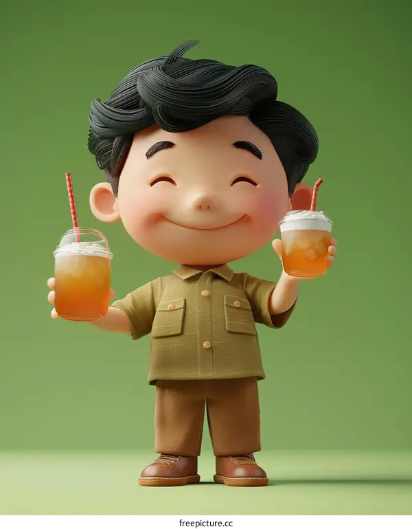 3D Rendering of a Happy Child with Two Cups of Bubble Tea