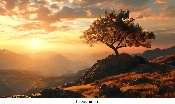 Silhouette of a Tree on a Hilltop at Sunset