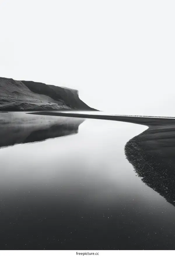 Black sand beach in Iceland with a large cliff and a small river running into the ocean