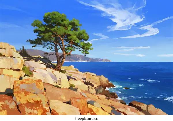 A lone pine tree stands on a rocky coastal cliff overlooking the blue sea under a clear sky
