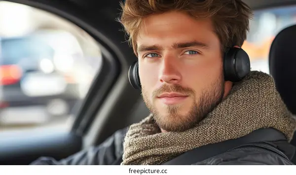 Man in Car with Headphones Listening to Music