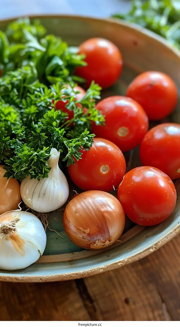 Fresh Tomatoes, Onions, and Garlic in a Bowl