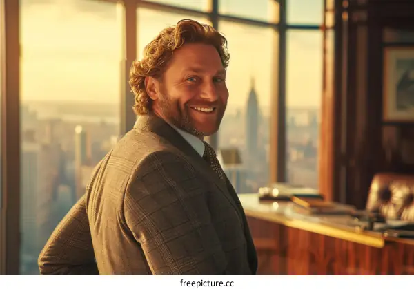 Businessman in suit standing in office with cityscape in background