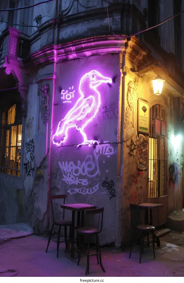 A purple neon raven street art on a building corner at night
