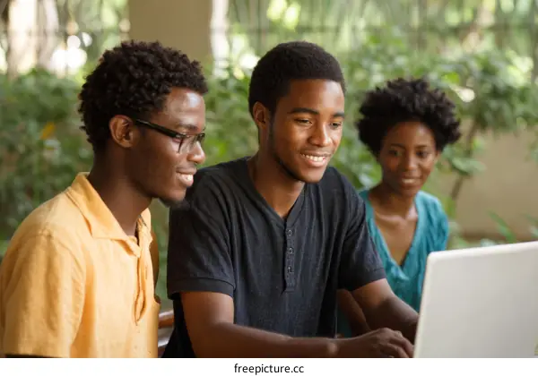 African Students Working Together on a Laptop Outdoors