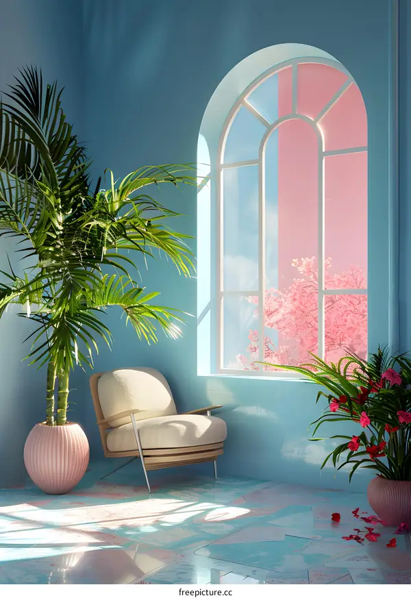 Blue Room with Palm Tree, Armchair, and Window with View of Pink Tree