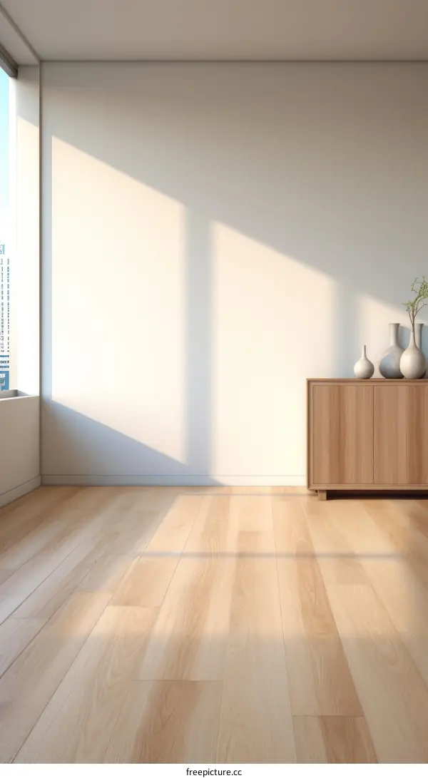 Empty Apartment Room Interior with Wooden Cabinet and Vases