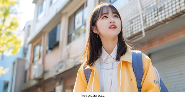 Young Asian Woman Looking Upwards in the City