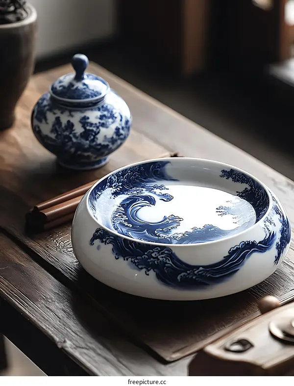 Blue and White Porcelain Wave Design Tea Tray on Wooden Table