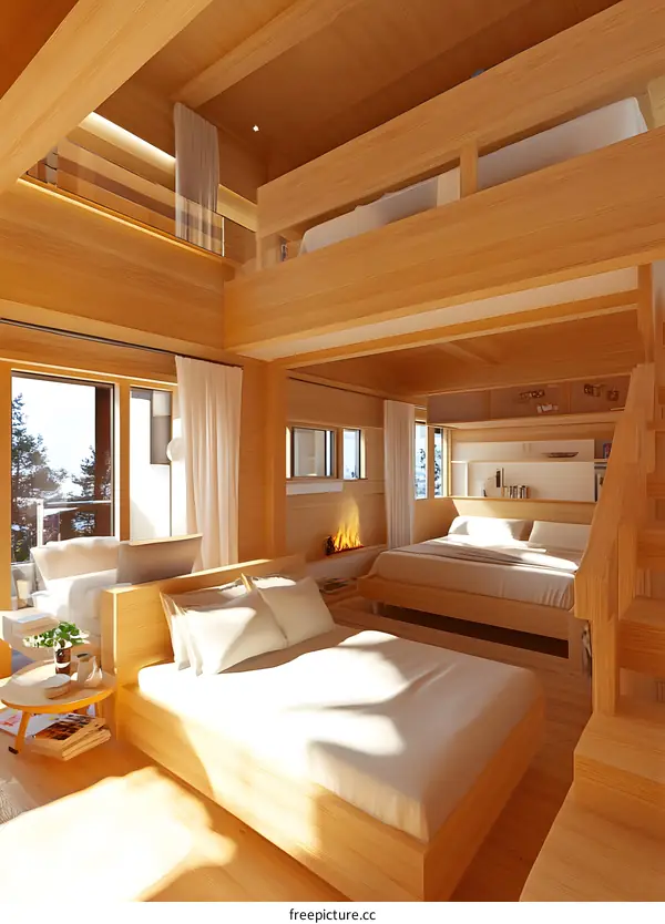 Modern Wooden Cabin Interior Design with Loft Bedroom