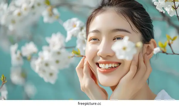 Smiling Woman Posing with Flowers
