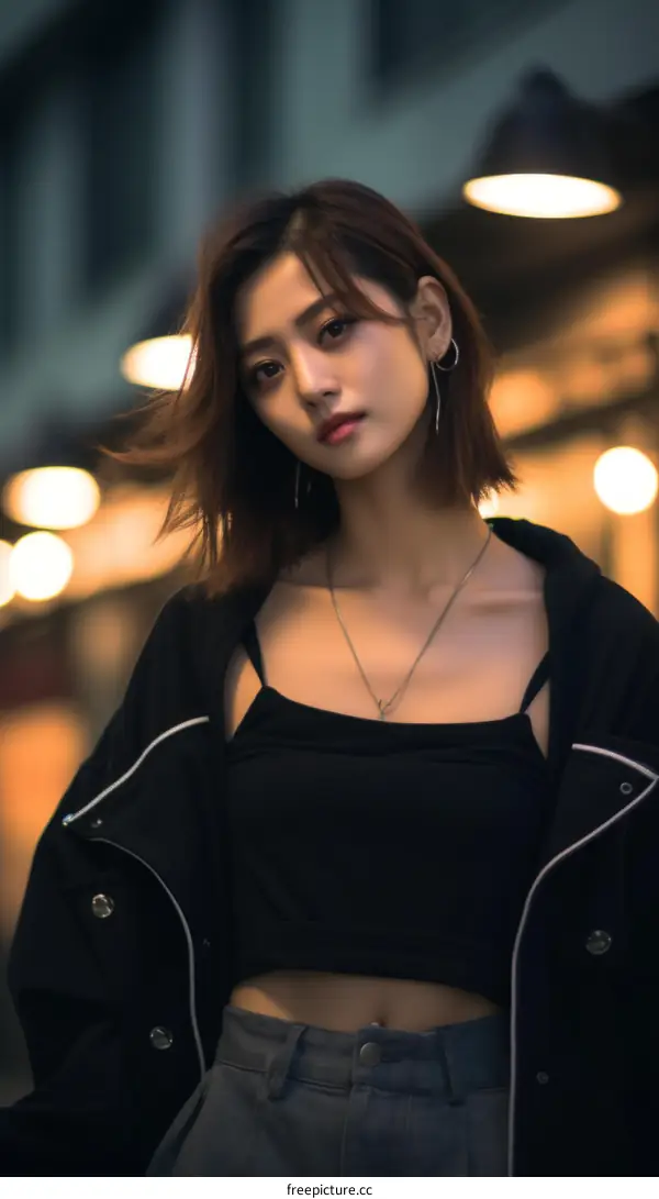 A young woman with short brown hair and black clothes is standing in front of a blurred background of city lights.