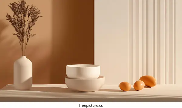 Beige Minimalist Still Life with Dried Flowers and Bowls