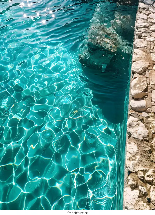 Blue water in a swimming pool with stone coping