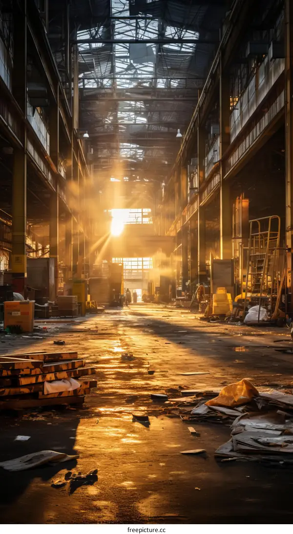 An abandoned factory building with sunlight shining through a hole in the roof