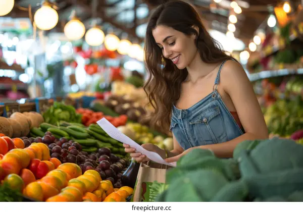 Young woman checking her shopping list while grocery shopping at the market
