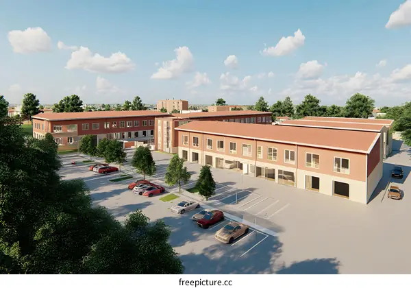 Modern Brick Building With Parking Lot And Trees