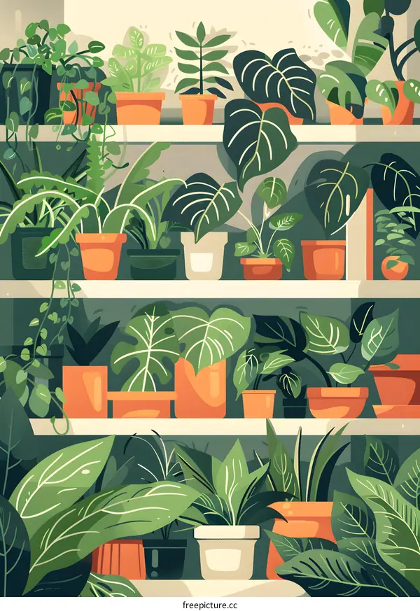 Collection of Green Plants in Pots on Shelves