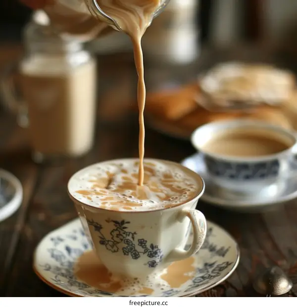 Pouring milk into a ceramic cup of tea