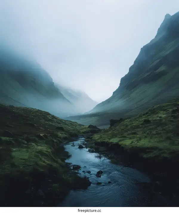 Misty mountains and a river flowing through a valley