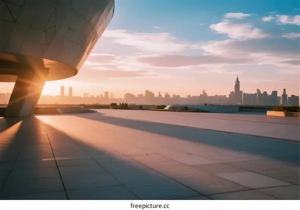Sunrise over modern cityscape with unique architectural structure