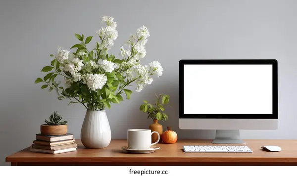 Cozy Home Office Workspace with Flowers