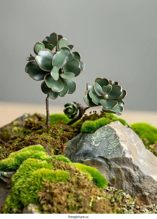 Close Up of Green Moss and Succulents Growing on a Rock