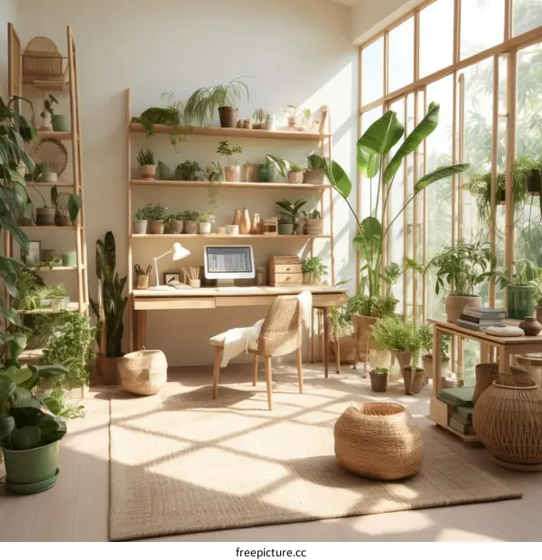 A Bright and Airy Home Office with Plants