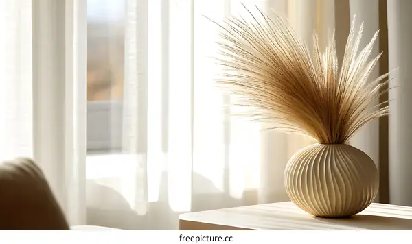 Beige Decorative Vase with Pampas Grass by Window