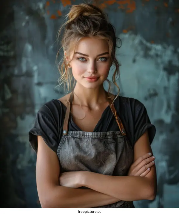 Confident Young Woman in Black Apron