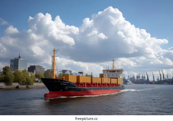 Container Ship Sailing Through Harbor Under Cloudy Sky