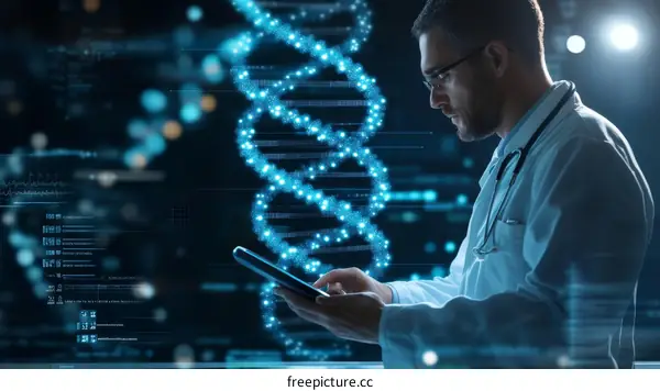 Medical professional examining DNA structure on tablet
