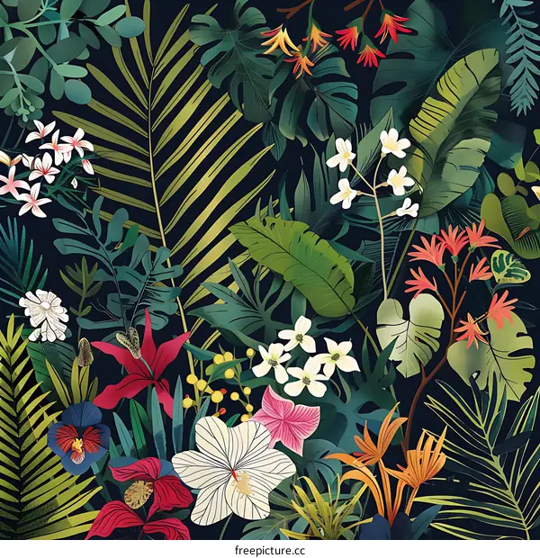 Tropical Floral Pattern Dark Background Illustration