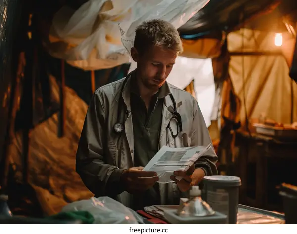 Doctor examining a medical report in a tent