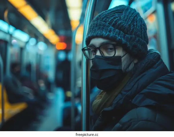Man wearing a mask on a subway train
