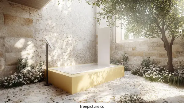 A Sunny Courtyard Garden with a Modern Feature