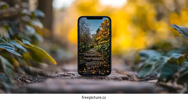 Phone Displaying Scenic Autumn Path
