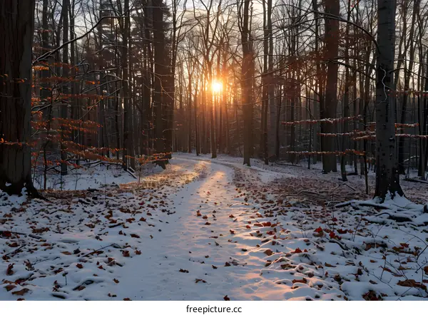 Winter Sunset Forest Path
