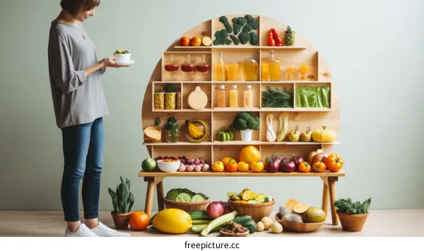 Healthy Eating: Woman Organizing Food on a Wooden Shelf