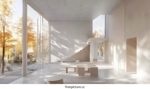 Modern Minimalist Interior Design with Wooden Stairs and Large Windows