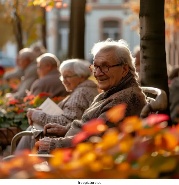 Smiling elderly man sitting on a bench in a park surrounded by fallen leaves