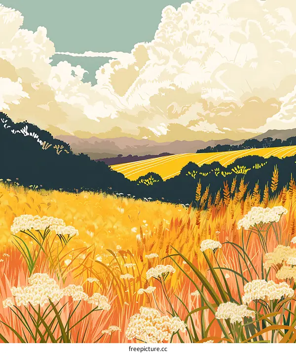 Summer Landscape with Wheat Field and Clouds