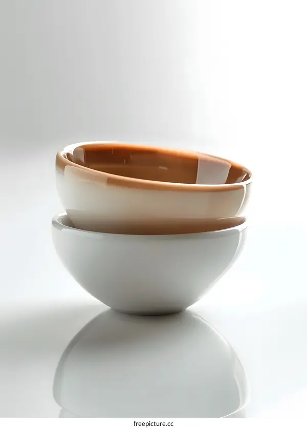 two white and brown ceramic bowls stacked on a white reflective surface with a white background