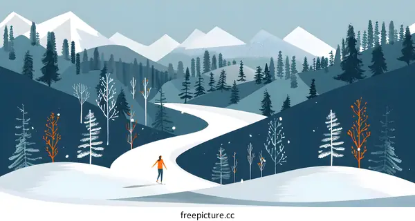 Woman Walking on Snowy Path in Winter Mountain Landscape