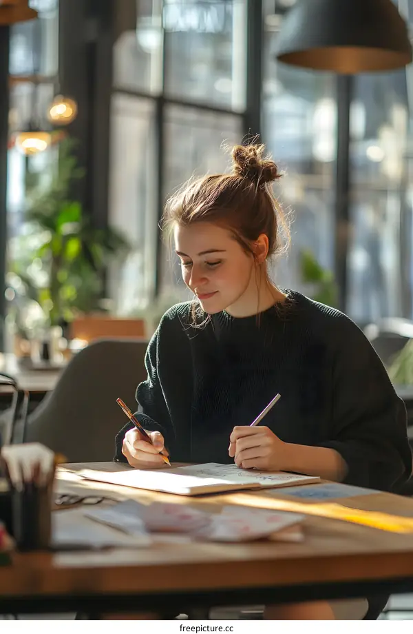 Young Woman Drawing in a Cafe