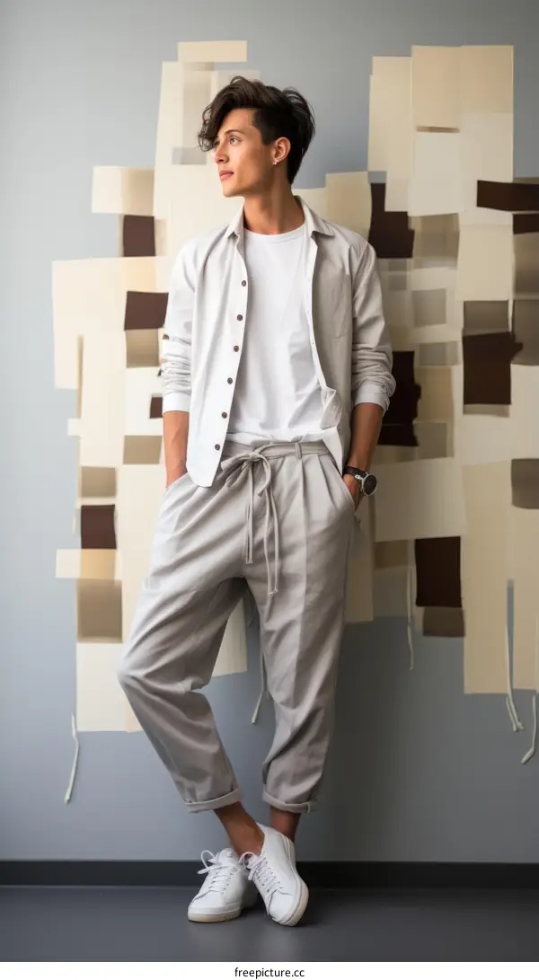 A young man is standing in front of a wall