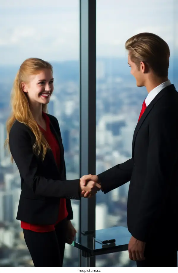 Business handshake between a man and a woman in suits in an office with a cityscape in the background