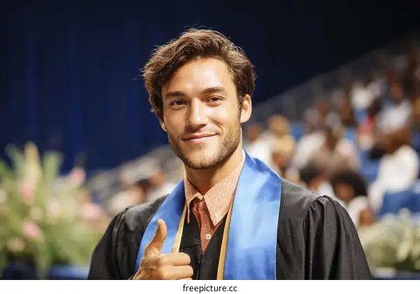 Graduating Man in Academic Dress Giving Thumbs Up