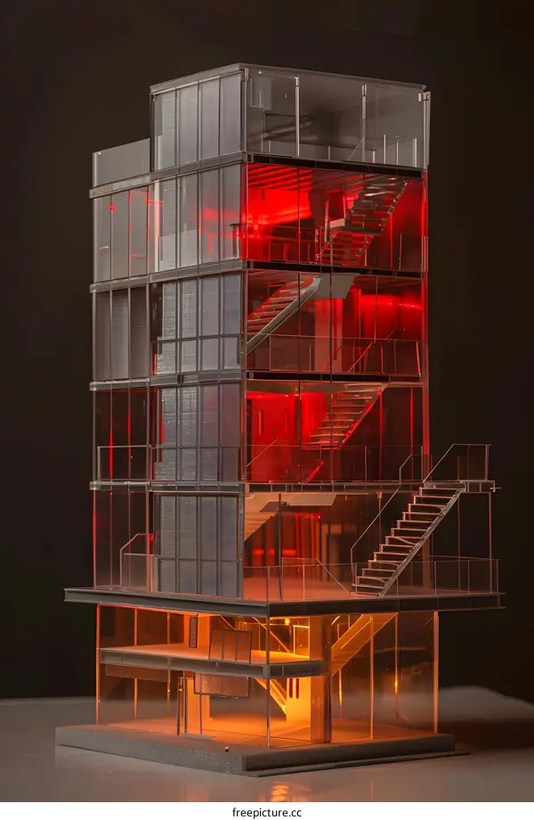 Modern Glass Building Architecture Model with Red Lights