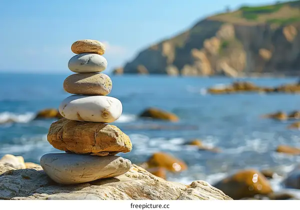 Stack of stones on a beach with the sea in the background